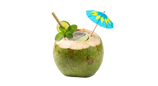 Refreshing green coconut water served with lime and mint garnish