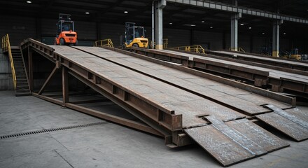 Obraz premium Industrial loading ramp, heavy-duty steel, forklifts, gritty textures
