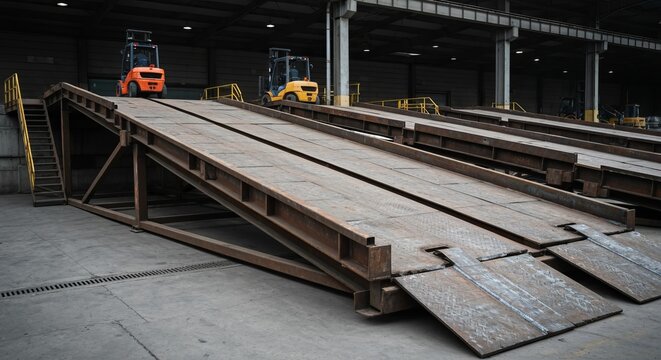 Industrial loading ramp, heavy-duty steel, forklifts, gritty textures