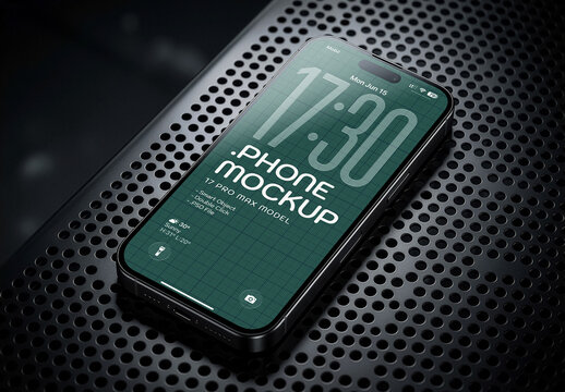 Dark Smartphone Mockup On Industrial Perforated Metal Surface