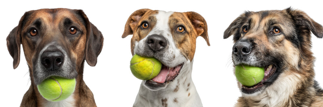 Set of A playful dog jumping forward with its mouth open as it catches a tennis ball on transparent png background. Ai generated