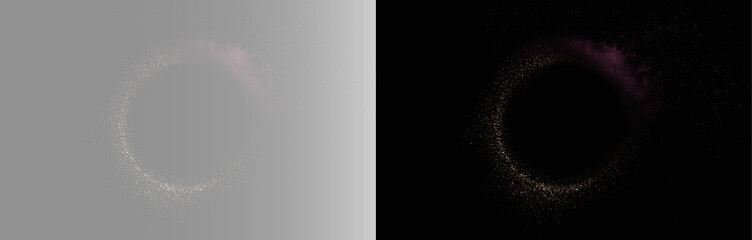 Abstract subtle rose gold dust ring on transparent black background, minimal particle circle overlay. Minimalist dark copper powder arc backdrop, elegant product display frame template PNG © Aura Canvas