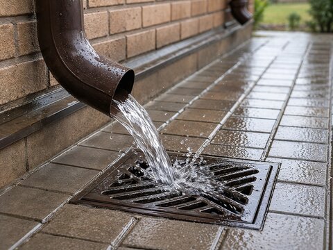 The gutter pipe directs rainwater into the storm drain.