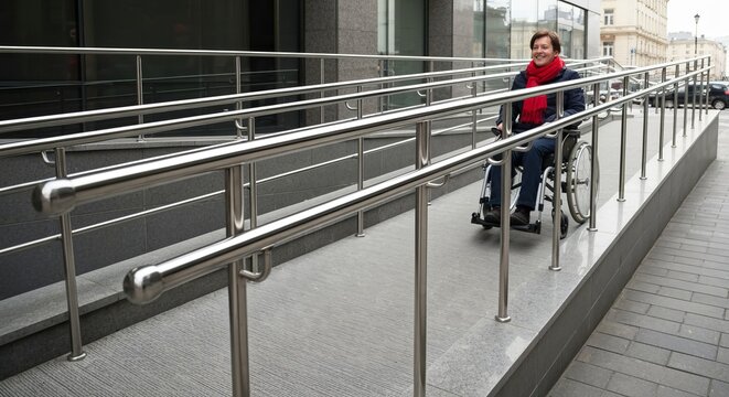 Urban accessibility ramp, smooth metal handrails, wheelchair user, soft daylight