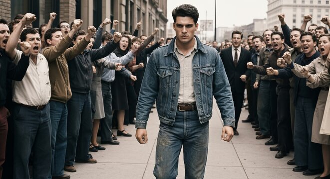 Civil rights marcher facing a hostile crowd, head held high, unwavering courage