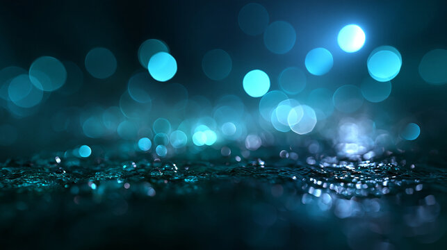 Abstract Blue Bokeh Background with Water Droplets and Glowing Lights