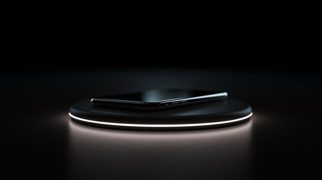 Smartphone Lying on Modern Illuminated Wireless Charging Pad