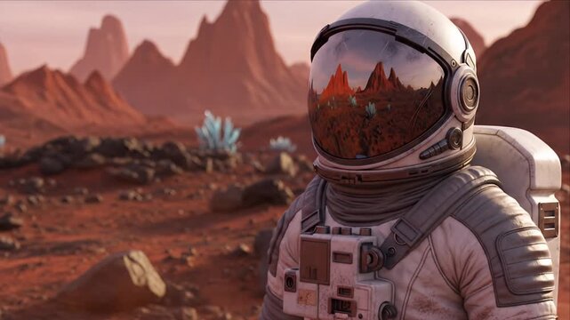 Astronaut exploring alien planet surface with red mountains