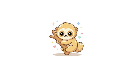 Fototapeta premium Cute kawaii sloth character holding a wooden branch.