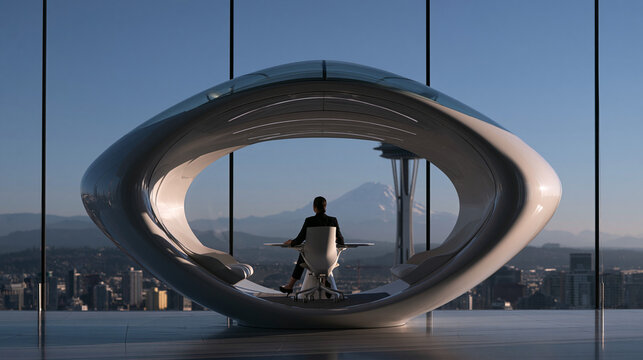 Executive Sitting at Futuristic Desk in High Rise Office
