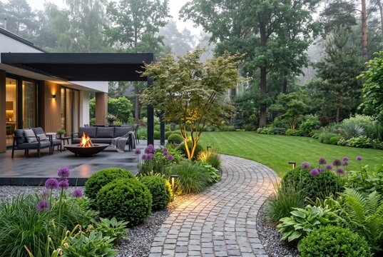 Twilight backyard landscape featuring an outdoor fire pit lounge and cobblestone path