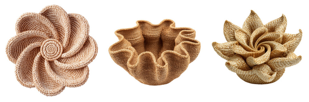 Set of Flower shaped reversible placemat Elin anemone made of jute on transparent png background. Ai generated