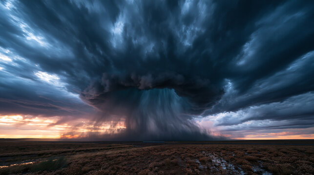 Dramatic Supercell Storm Cloud over Flat Landscape at Sunset