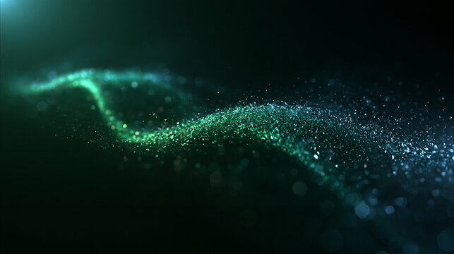 Abstract Glowing Green Particle Wave on Dark Background