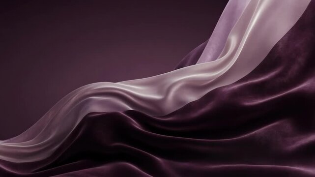 Flowing purple satin waves create an elegant abstract composition in graphic style on dark burgundy background for luxury design