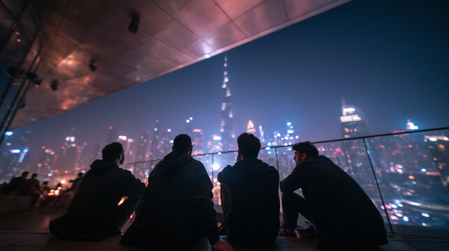 Friends Enjoying Night View of Illuminated Dubai Skyline