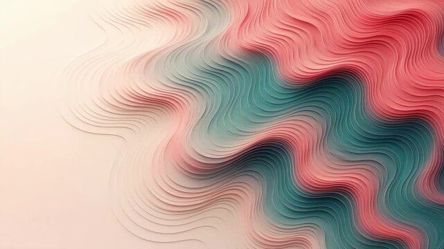 Flowing pink and teal layered waves form a modern abstract composition on a soft cream background, suggesting balance and movement