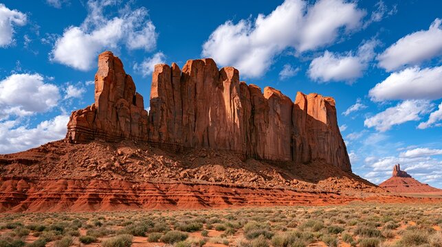 Red rocks stand tall in Arizona's desert, beneath a bright blue sky with white clouds.