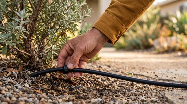 Checking drip irrigation in a native drought garden