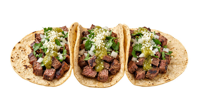 Three delicious carne asada tacos with salsa verde and cilantro on corn tortillas