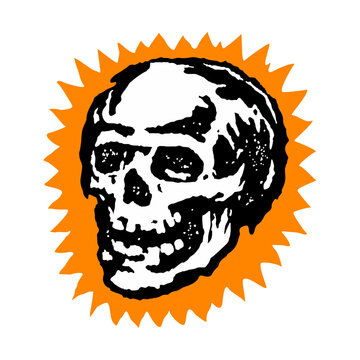 Retro Punk Skull Illustration with Orange Sunburst