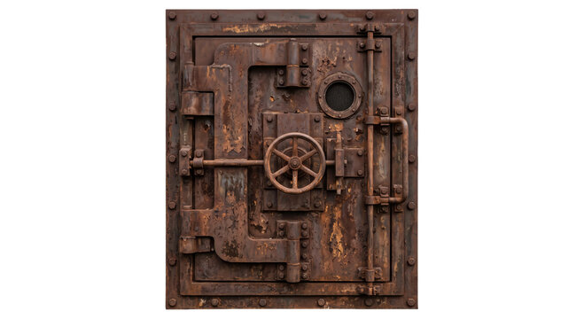 Close-up of a heavily rusted, old vault door with a wheel mechanism