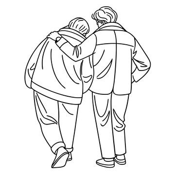 Two people standing together, one with an arm around the others shoulder, conveying support and companionship in a simple line art style