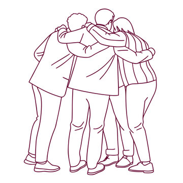 A group of three people in a tight hug, their backs to the viewer, symbolizing unity and togetherness