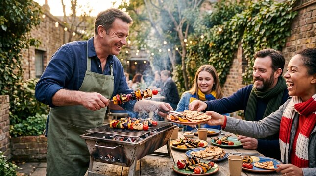Friends share street food at an outdoor football gathering