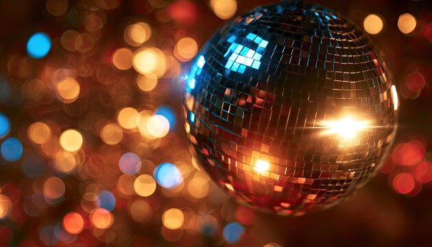 Reflective sphere glitters amidst blurry, warm, and cool lights