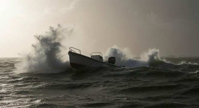 Small dinghy battling gale, hull nearly submerged, frantic silhouette, high-contrast stormlight