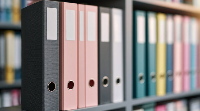 A row of colorful office ring binders organized on a shelf. Ideal for business document management and efficient.