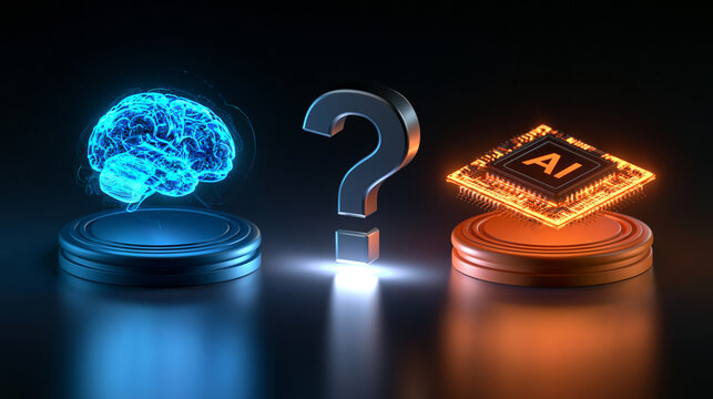 Glowing human brain and AI microchip on pedestals with question mark. Conceptual design for artificial intelligence.