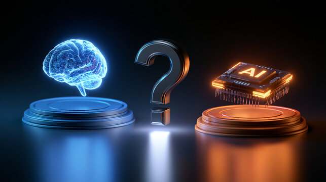Digital brain and AI processor with question mark in dark space. This image represents the complexity of artificial.