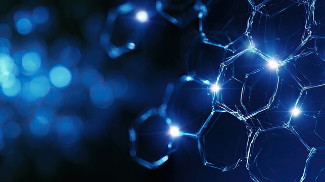 Glowing blue hexagonal molecular network against a bokeh background