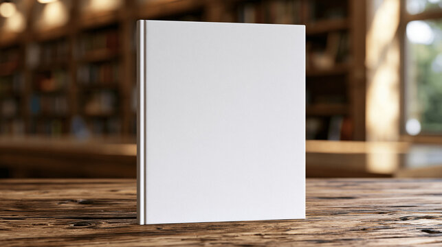 A blank hardcover book stands upright on a rustic wooden table in a blurred library. Perfect for book cover design.