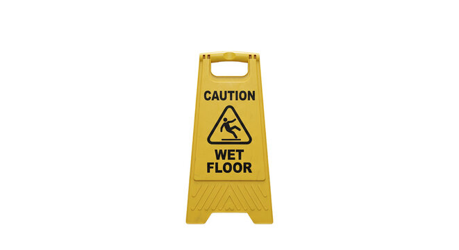 Yellow caution wet floor sign warning of slippery surface for safety