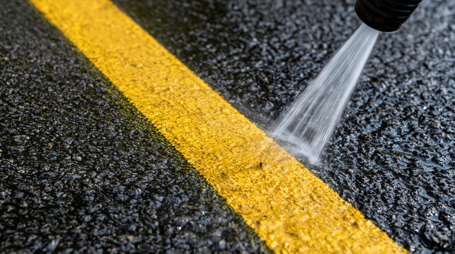 A high-pressure water sprayer cleans a bright yellow line on asphalt pavement. Conceptual image for maintenance.