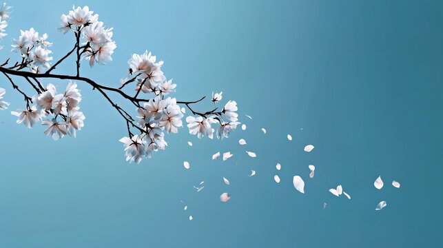 White cherry blossom branch with drifting petals on clear blue sky, minimalist spring floral background for wallpaper, card and decor.

