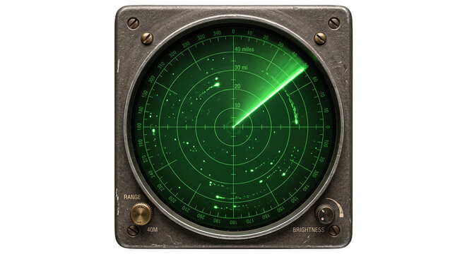 Vintage radar screen displaying targets with a sweeping green detection beam