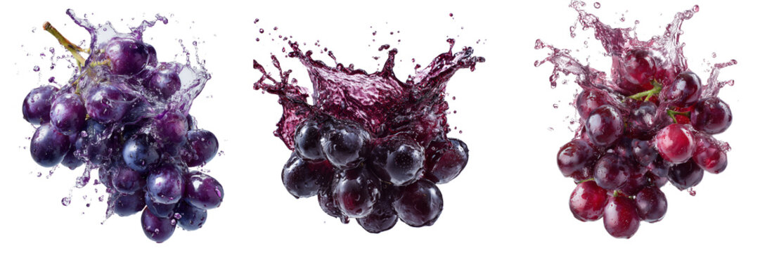 Set of Large clusters of ripe grapes overflowing into a cascading splash of cool water, vibrant natural colors on transparent png background. Ai generated