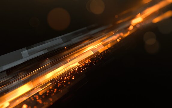 Abstract motion streaks of golden light and particles against dark background