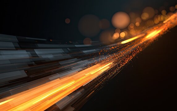 Glowing orange light streaks and particles against a dark, blurred background