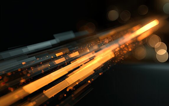 Abstract glowing orange lines streak across a dark, bokeh-filled background