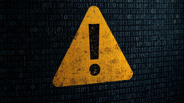 A warning exclamation mark icon set against a digital binary background. Concept for cybersecurity threats and data.