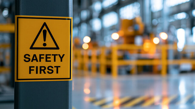 Safety first warning sign on a pillar in an industrial factory. Important hazard alert for workplace accident.