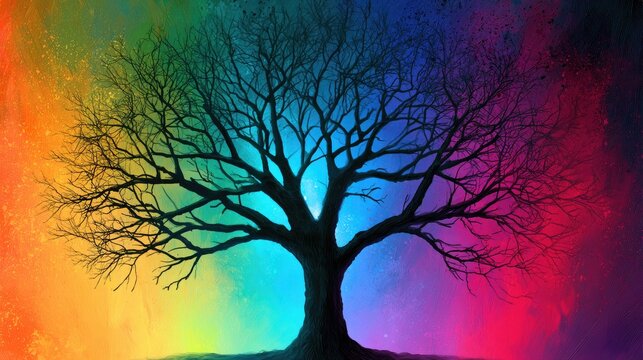 A silhouetted bare tree branches out, illuminated by a vibrant rainbow spectrum