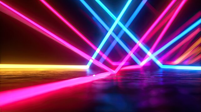 Vibrant neon beams intersect, reflecting on a wet, dark surface
