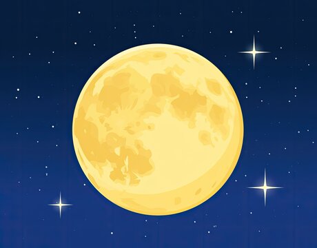 A large, luminous full moon illuminates a star-dusted, deep blue night sky