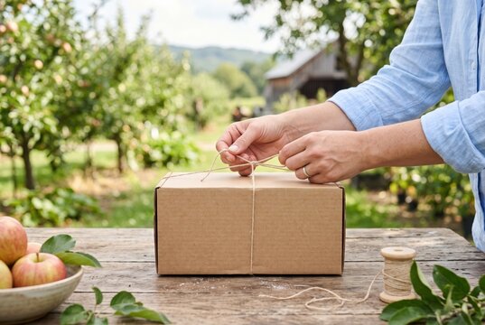 Tying a string around a cardboard package box on an outdoor wooden table